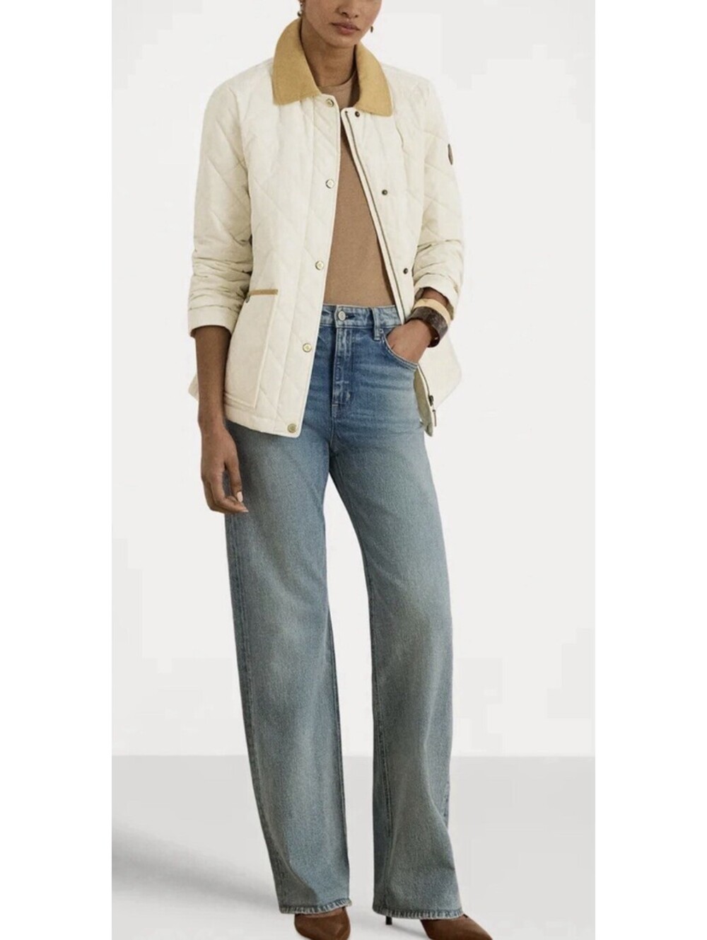 New Lauren Ralph Lauren Twill Trim Diamond Quilted Barn Jacket Cream Size M $325
